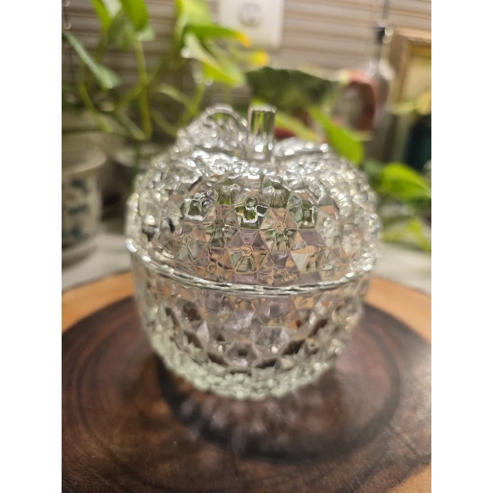 Vintage‎ Imperial Cut Faceted Glass Apple Candy Dish with Lid